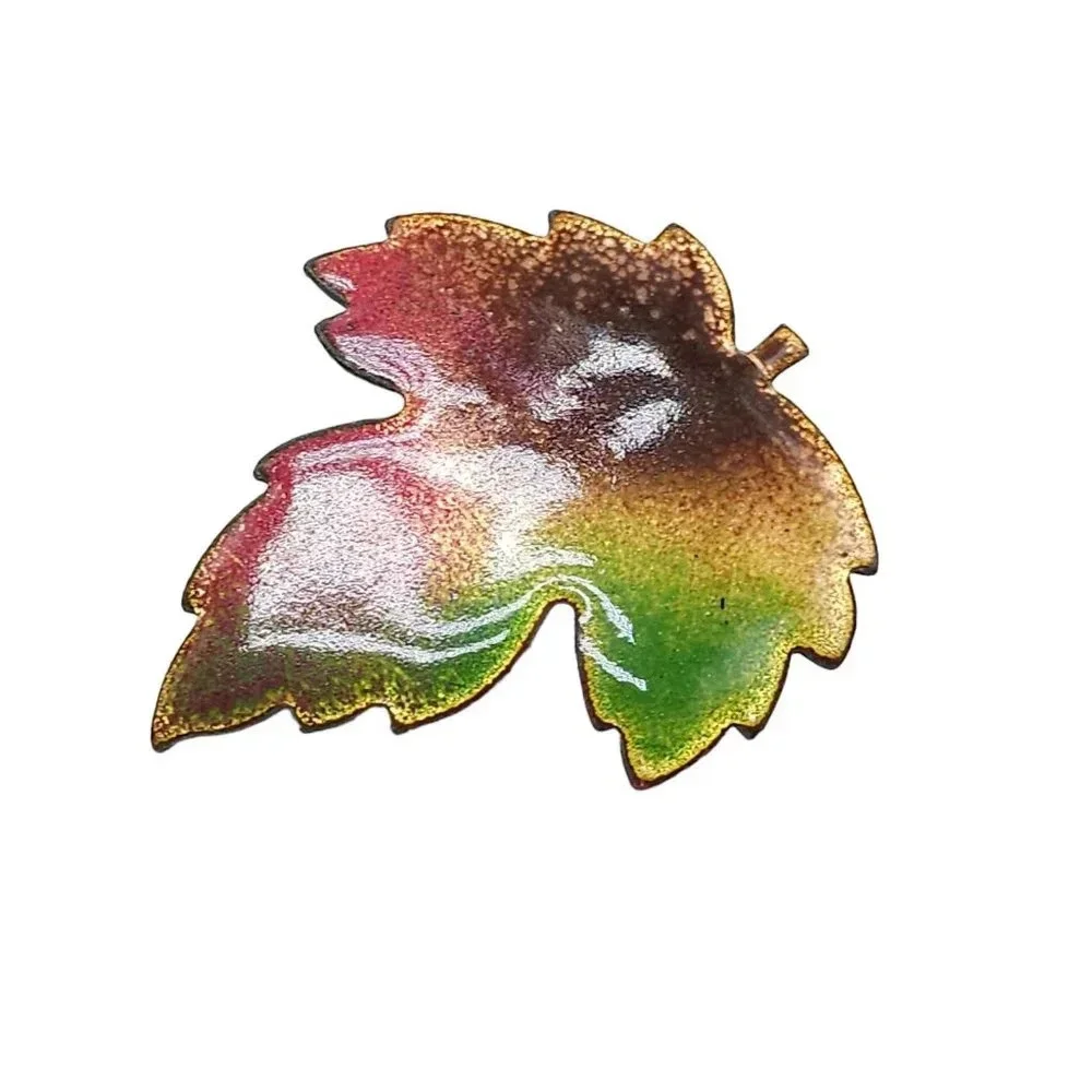 Multicolor Enamel on Copper Maple Leaf Brooch Pin Vintage Fall Autumn